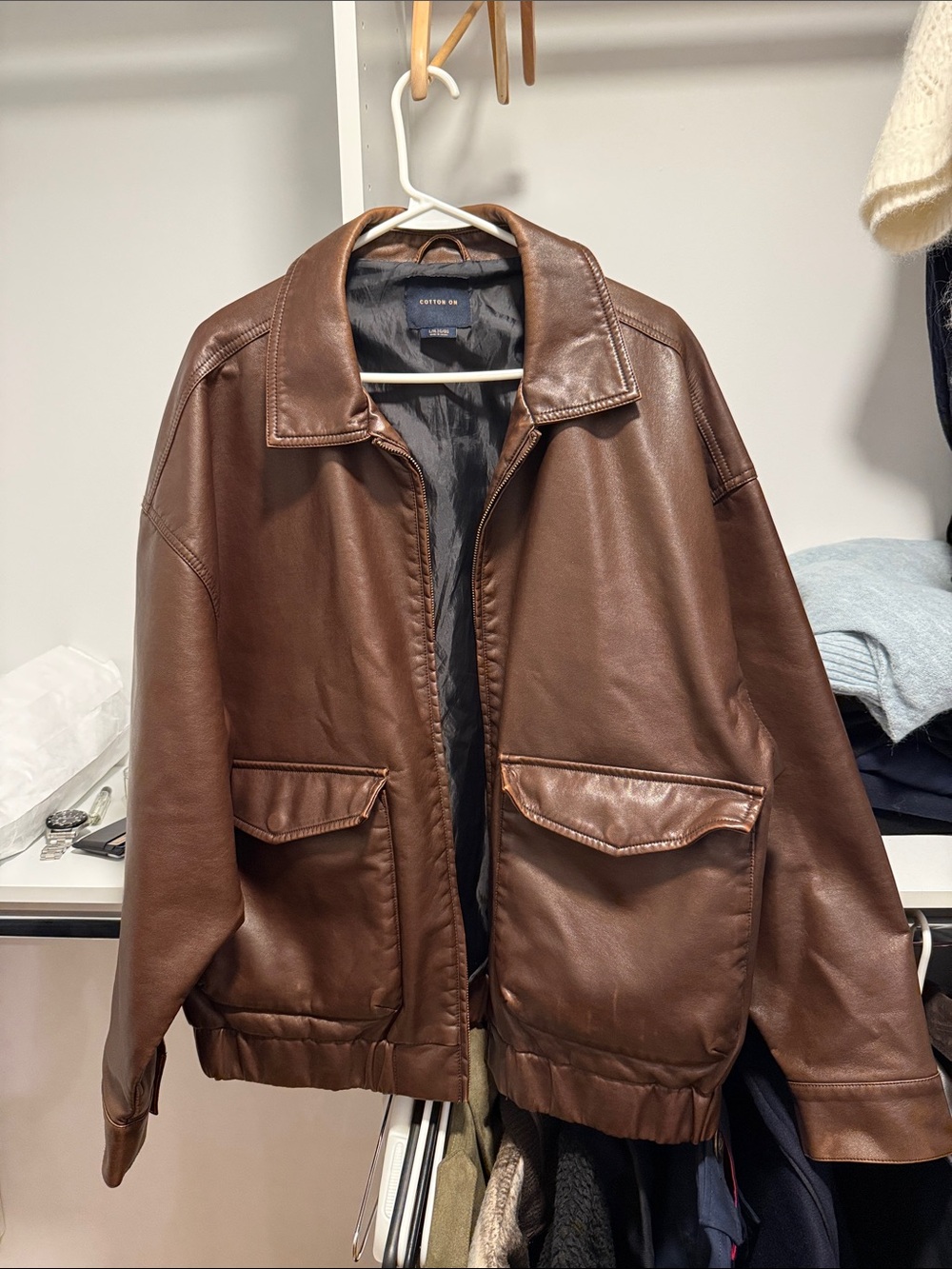 Cotton On Brown Leather Bomber Jacket - Men's
